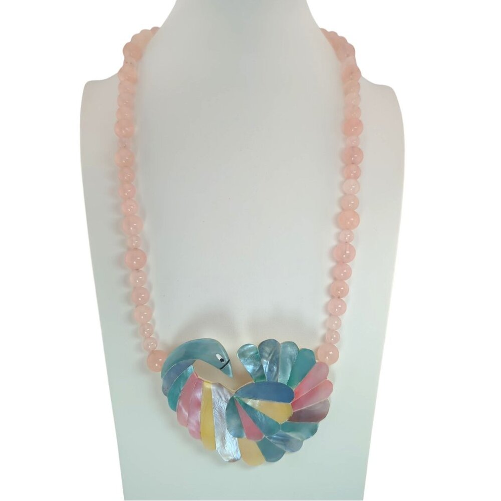 Mother of Pearl Carved Bird Necklace Rose Quartz Bead Pink Blue Yellow 9.5" Drop